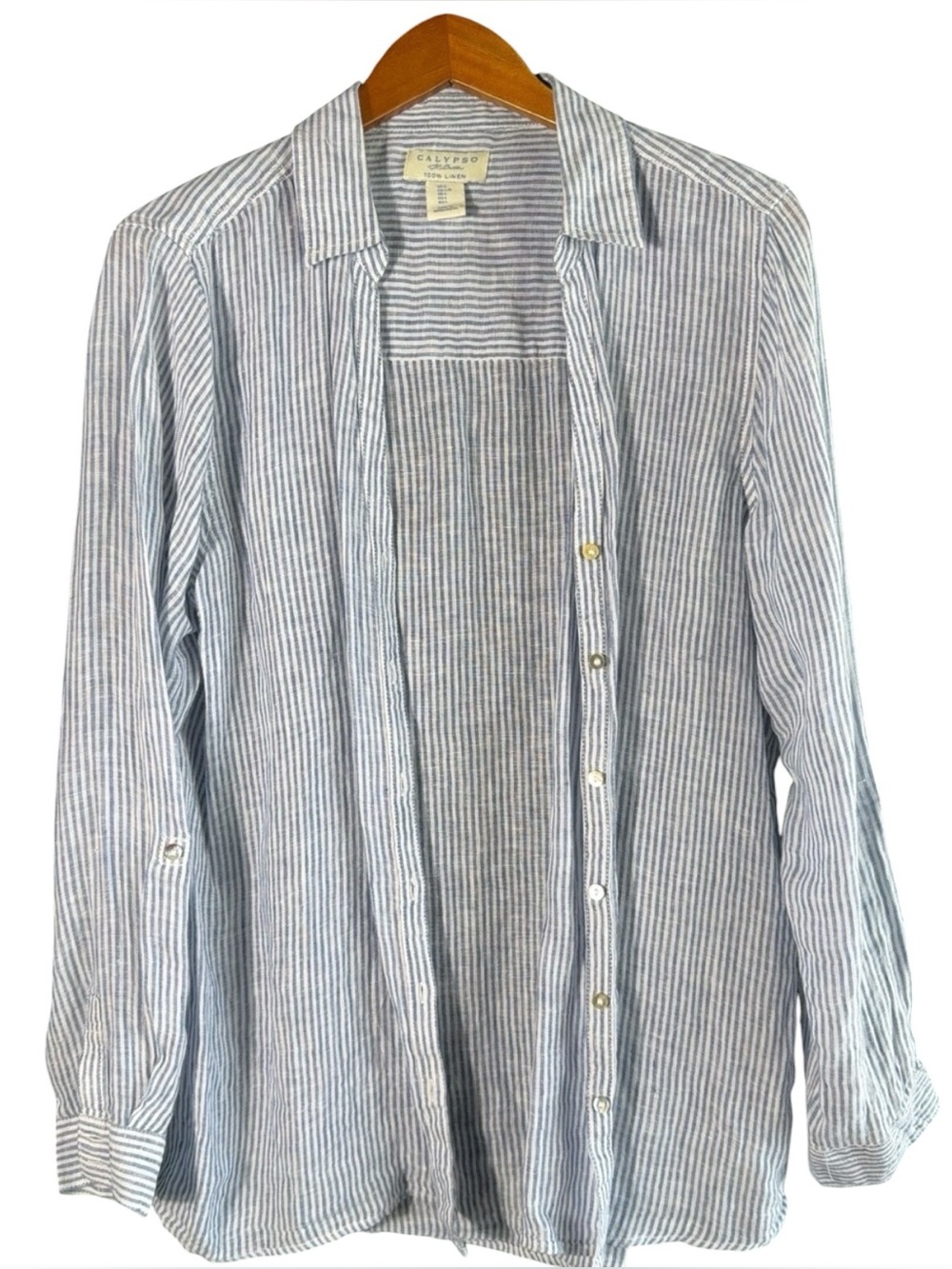 Calypso St. Barth Linen Button Down Shirt Blue White Stripe Large - Picture 3 of 6